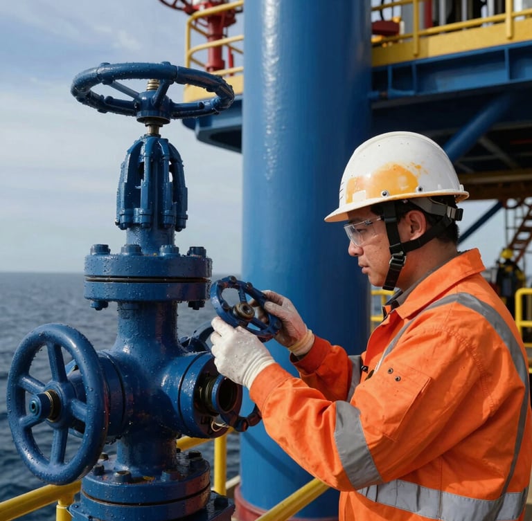 Industrial editorial photography, close-up of a technical inspector in safety-orange PPE examining steel valves on an offshore oil platform, high-contrast daylight, 35mm.