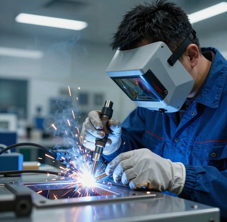 Close-up of a skilled technician in safety gear performing a precise weld in a clean, modern testing facility, bright orange sparks, cool steel blue tones.
