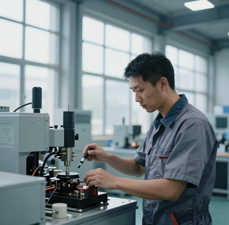 Industrial editorial photography of a skilled technician working in a clean, modern manufacturing facility, cool steel blue tones, sharp focus, natural daylight filtering through warehouse windows.