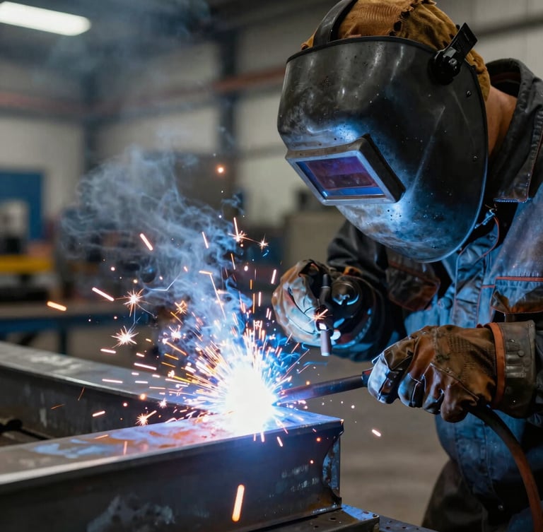Close-up of a professional welder in a heavy industrial setting, bright orange welding sparks illuminating cool steel blue metal, sharp focus, 35mm.