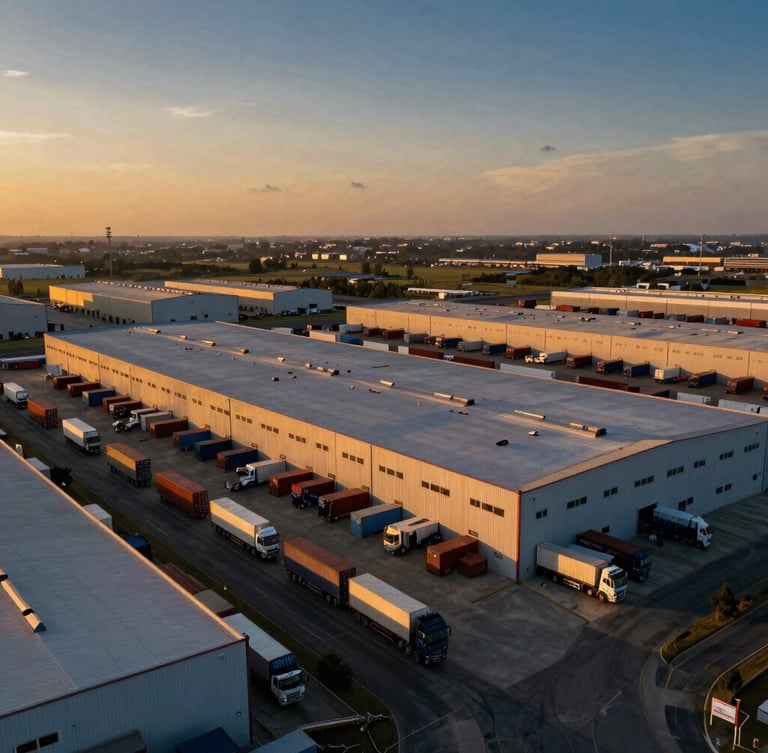 Vista aérea de un vasto centro de distribución logístico moderno al atardecer, con camiones y contenedores organizados, iluminación cálida, estilo cinematográfico corporativo.