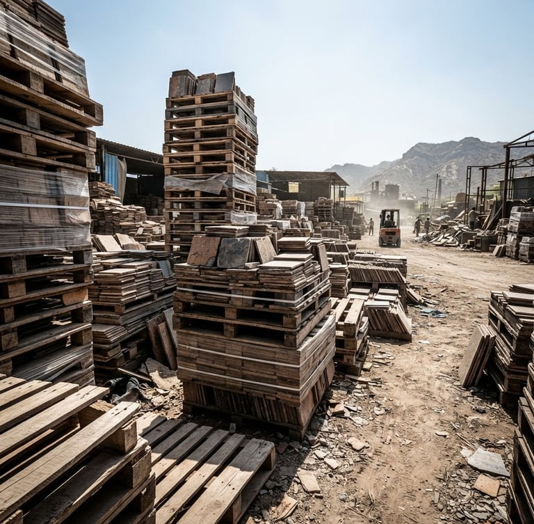 Low-angle wide shot of stacked heavy tile pallets in a dusty Rajasthani shipping yard, harsh direct daylight, high-contrast industrial shadows