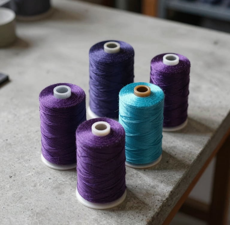 Tight macro flat lay of deep purple and turquoise thread spools aligned on a clean concrete workshop table, directional light casting soft shadows.