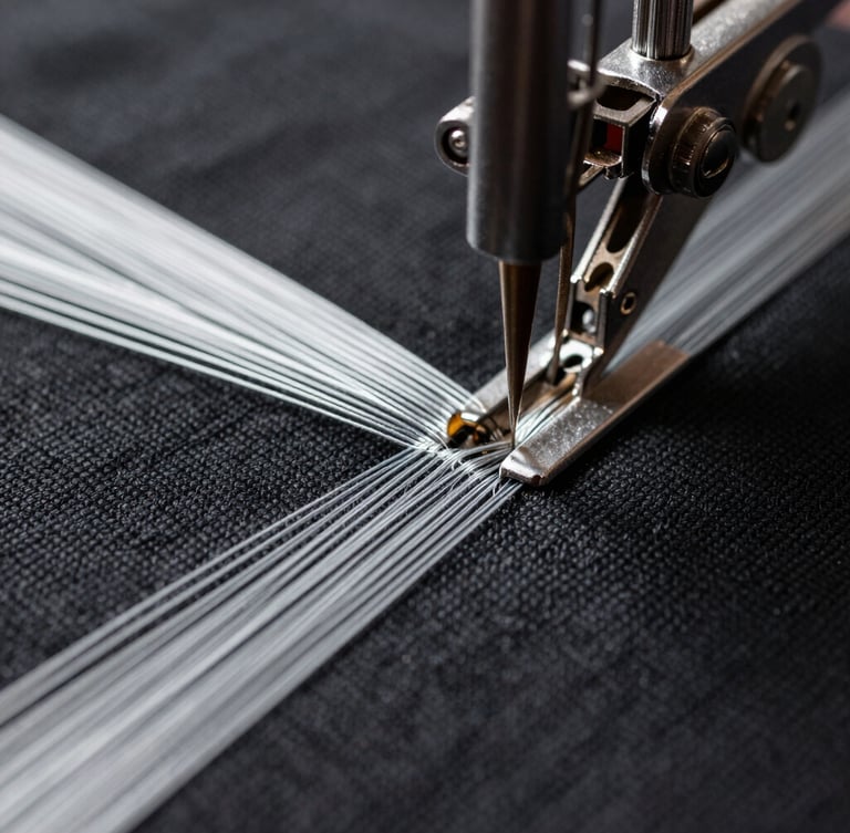 Macro shot of a high-speed embroidery needle piercing black canvas fabric, showing high-density silver thread, sharp directional side-lighting casting micro-shadows on the thread ridges.