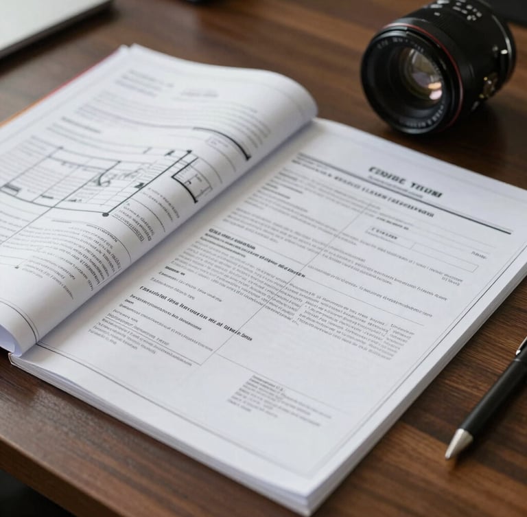 Close-up of verified property blueprints and legal title documents on a dark wooden desk under soft office lighting