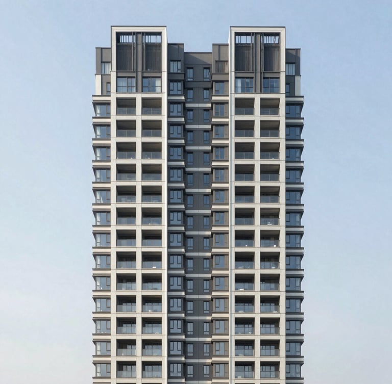 Clean architectural rendering of a modern residential tower in Noida Extension, framed symmetrically against a bright midday sky with sharp structural lines.