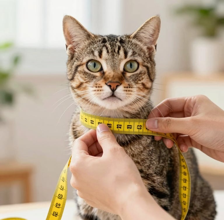 Close-up of human hands gently measuring a calm tabby cat's chest with a yellow measuring tape, soft natural daylight, warm home setting
