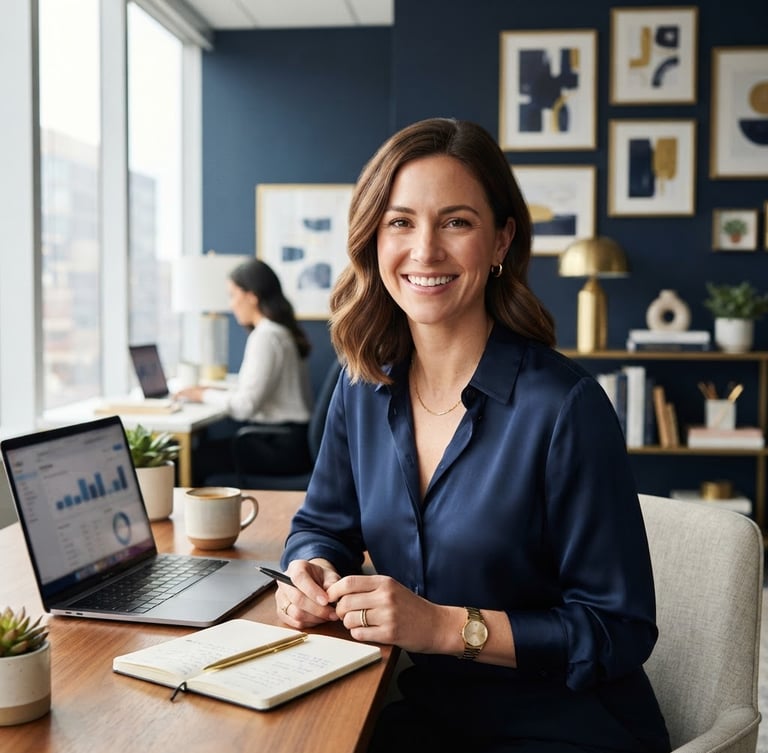 Professional editorial portrait of a digital marketer in a clean, sunlit workspace, eye-level medium close-up, soft natural window light, deep navy and warm gold accents in the background, sharp focus, 35mm lens.