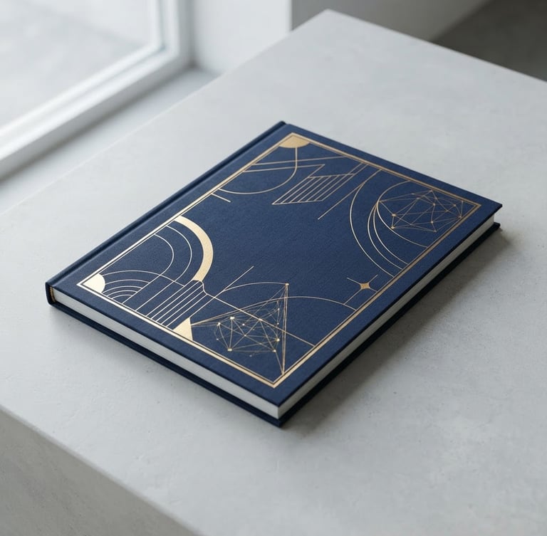 A high-fidelity 3D mockup of a digital marketing playbook on a clean light gray surface, sharp focus, natural window light, deep navy cover with gold accents.