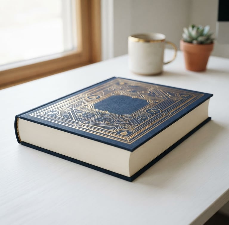 A sharp 3D mockup of a thick digital marketing playbook with a deep navy cover and gold foil lettering, resting on a clean white desk with soft natural window light.