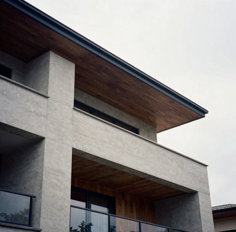 Close-up architectural detail of a modern residential building facade, clean concrete and dark wood textures, soft overcast light, high contrast