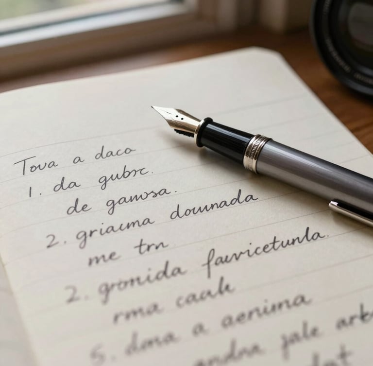 A close-up of handwritten Spanish grammar notes on textured cream paper, a vintage fountain pen resting beside it, soft natural light from a study window.