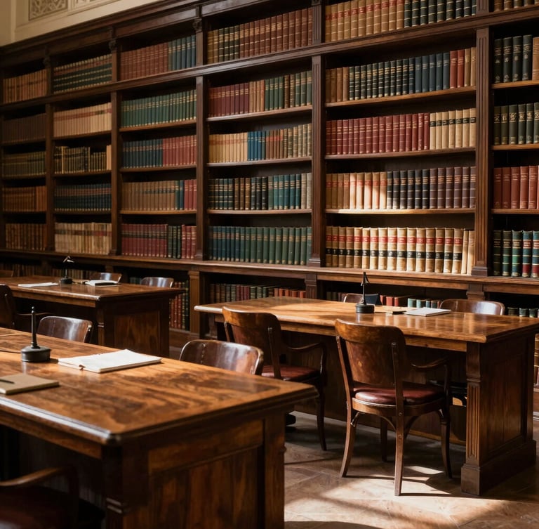 An atmospheric, medium shot of a historic academic library in Madrid, warm directional daylight illuminating dark wood study tables and rows of leather-bound books.