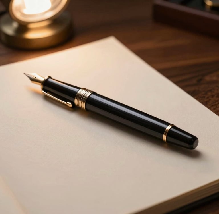 Cinematic close-up of a luxury fountain pen resting on a heavy textured cream paper document, warm desk lamp lighting, dark wood background, shallow depth of field