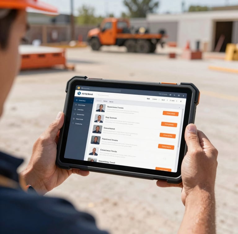 Hands of a professional contractor holding a rugged tablet on an active Long Beach job site, showing a clean modern CRM pipeline, bright natural daylight, 35mm