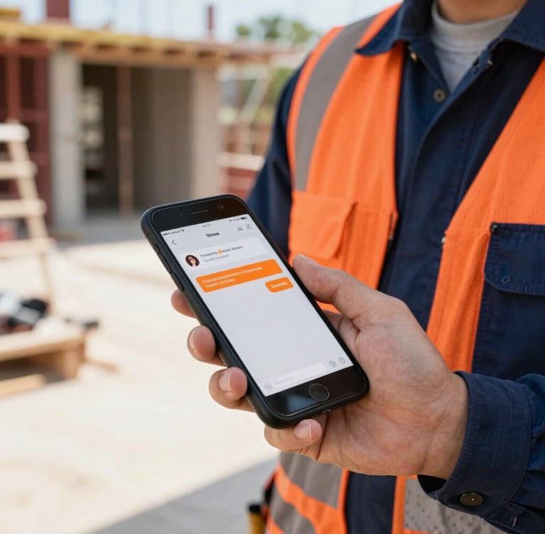 Medium close-up of a contractor holding a smartphone on an active job site, showing a text-back notification with orange accents, bright natural daylight, 35mm