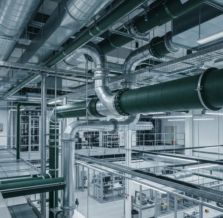 Crisp architectural photography of modern ventilation ductwork in a high-tech facility, cool metallic tones, sharp focus, 35mm
