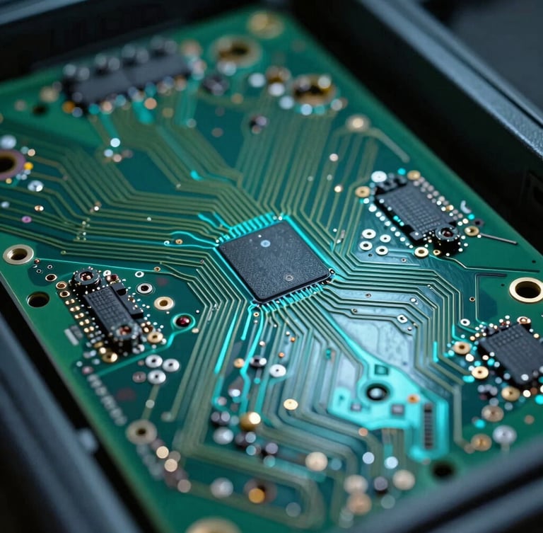 Extreme close-up of high-density server rack circuit boards, sharp directional cyan lighting, shallow depth of field, architectural silicon pathways.