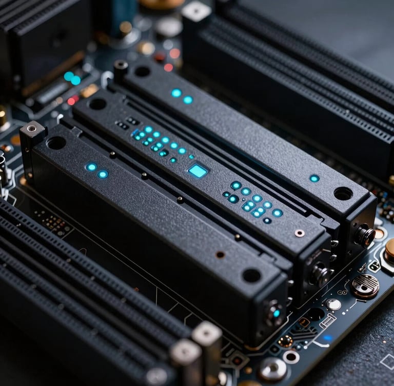 Extreme close-up of high-performance server motherboard, sharp architectural lines, glowing cyan indicator lights, deep shadows, low-key directional lighting