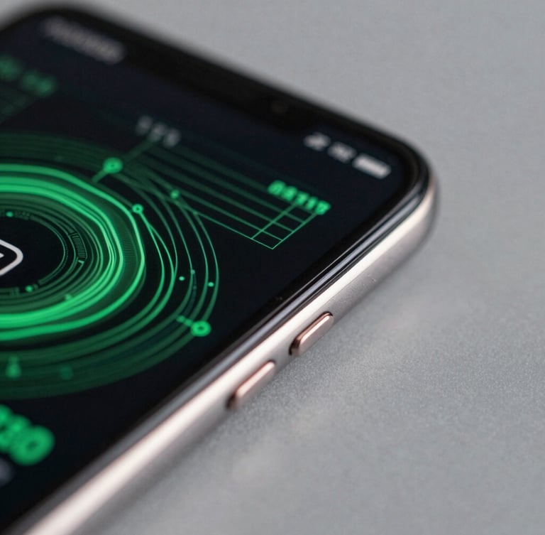 Extreme close-up macro shot of a flagship Android phone screen edge, displaying a high-refresh-rate technical wireframe interface with electric green glowing lines, dark studio lighting, metallic rim reflections.