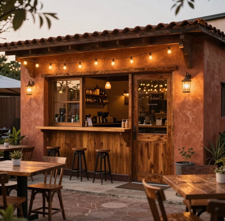 Warm editorial photography of an inviting rustic bar entrance at golden hour, warm string lights glowing, wooden tables outside, 35mm