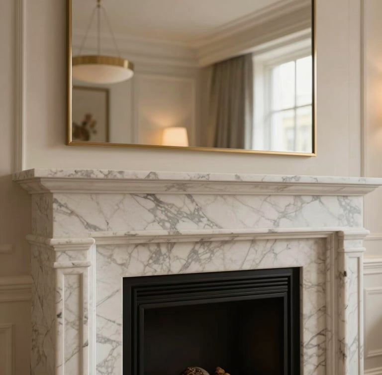 Close-up of premium interior finishes in a Mayfair apartment, marble fireplace, warm ambient light, architectural lens