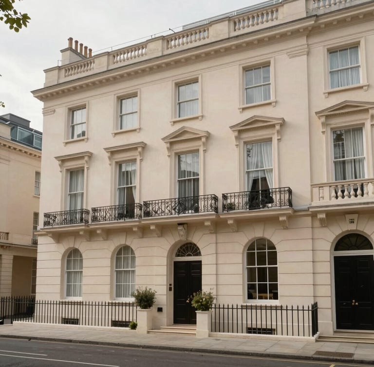 Wide architectural shot of a grand stucco-fronted Belgravia townhouse exterior, soft overcast London daylight, straight vertical lines.