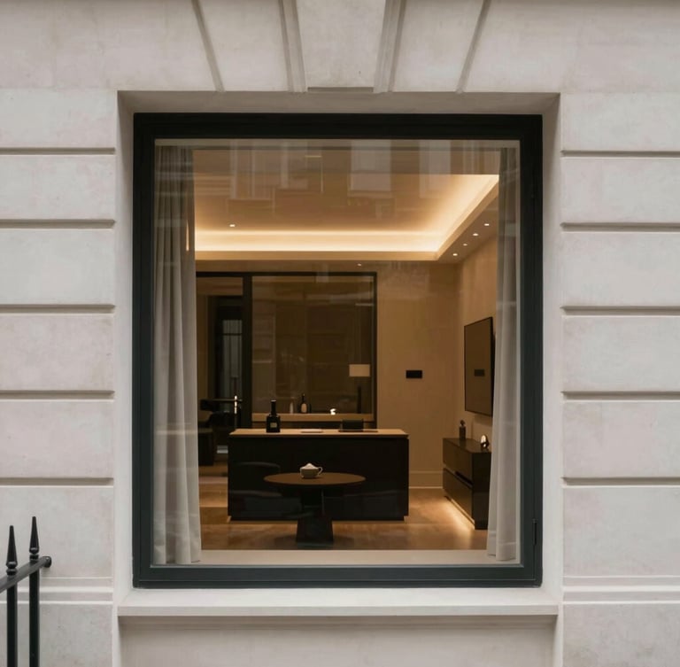 Elegant residential interior of a Mayfair apartment, warm interior accent lighting, muted tones, high-end finishes, architectural lens.