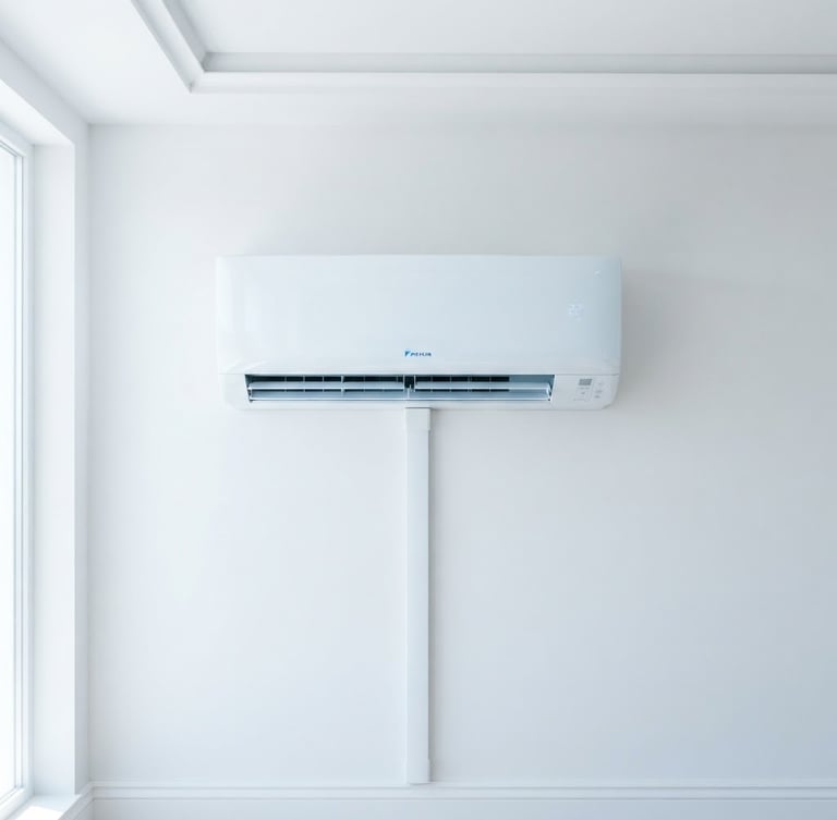 Clean, newly installed white minisplit unit on a pristine white wall, straight-on symmetrical shot, bright indoor light, sharp focus, crisp blue and white tones.