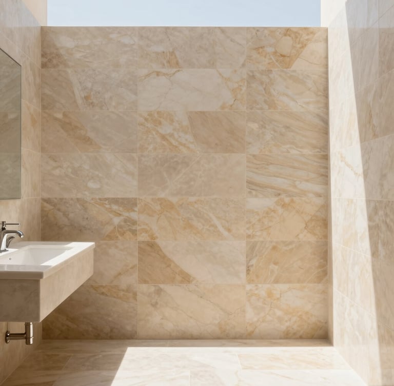 Straight-on architectural elevation of a sunlit luxury bathroom, perfect marble tiling alignment, soft Mediterranean daylight