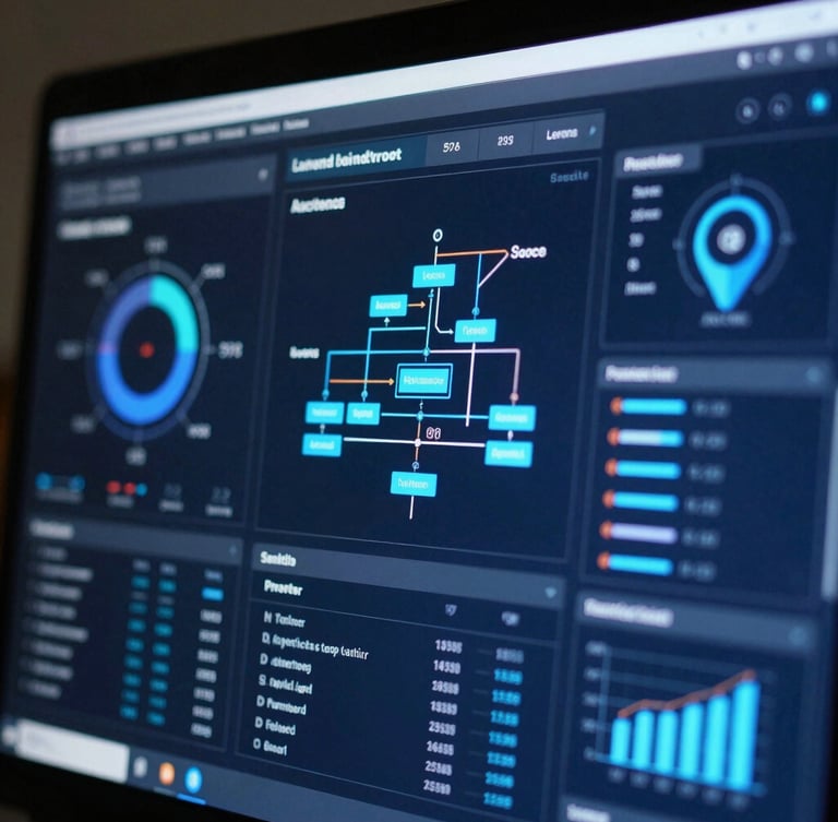 Macro shot of a high-fidelity analytics dashboard showing real-time telemetry, crisp neon-blue accents, and system architecture diagrams, cool-toned screen glow.