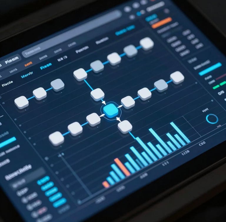 Isometric macro shot of a high-fidelity data pipeline dashboard interface, showing node telemetry and crisp high-contrast charts, cool-toned studio lighting with deep blue ambient glow, razor-sharp technical precision