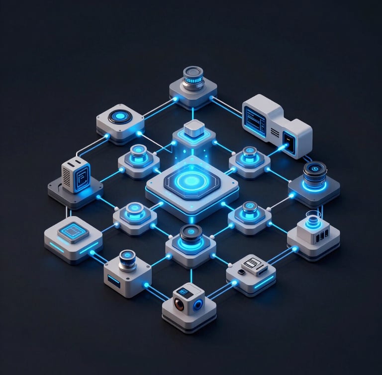 Isometric system architecture diagram showing modern data pipeline ingestion-to-insight flows, clean vector lines over dark background, sharp neon-blue telemetry highlights.