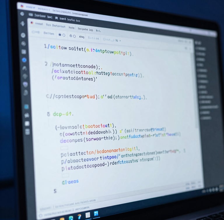 Macro close-up of a modern IDE screen showing clean Python and SQL code blocks, cool-toned blue ambient backlighting, sharp focus on syntax highlighting, technical precision.