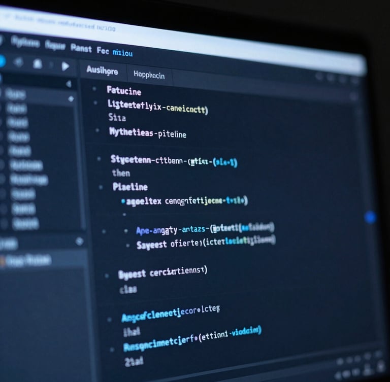 Macro shot of a modern IDE interface displaying clean Python data pipeline configurations, cool blue ambient screen glow, dark background focus.