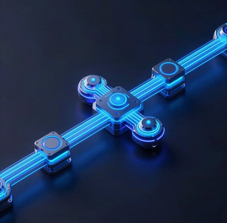 Isometric 3D schematic of a modern data pipeline, glowing neon-blue and indigo data streams flowing through processing nodes, dark background, sharp technical rendering.