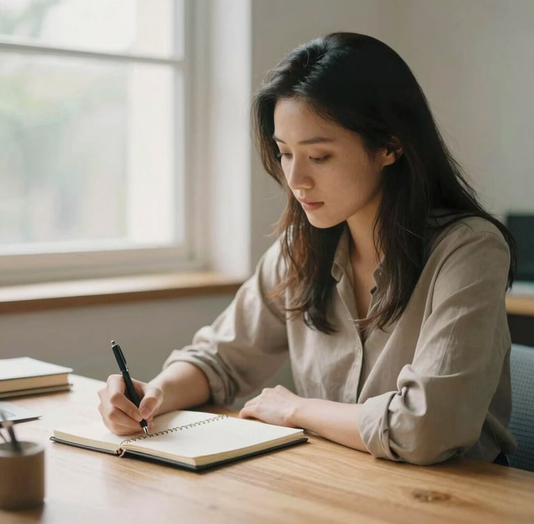 A warm-toned portrait of an administrative coordinator sitting at a clean wooden desk, writing in a notebook near a window with soft natural daylight, shallow depth of field.