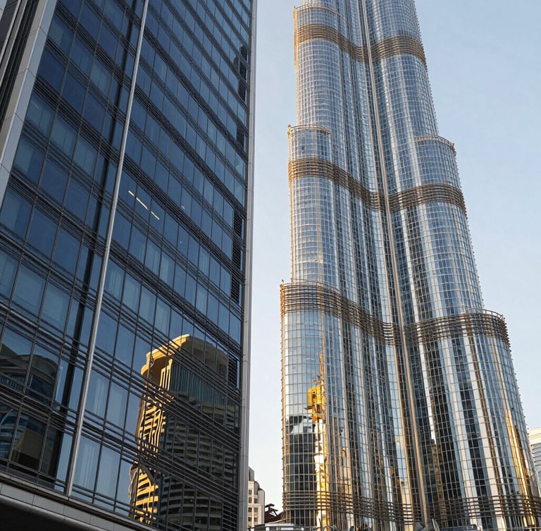 Low angle shot of modern architectural glass facades in Downtown Dubai, crisp daylight with gold highlights, deep navy reflections, sharp architectural focus, 35mm
