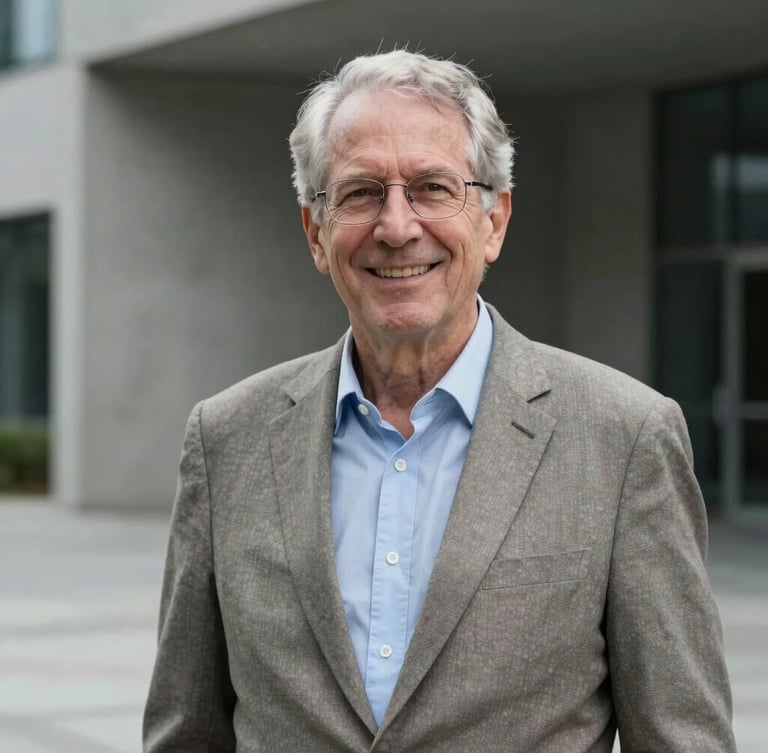 Professional, unsmiling environmental portrait of a senior investigator in neutral business attire, cool overcast daylight, architectural concrete background, portrait aspect.