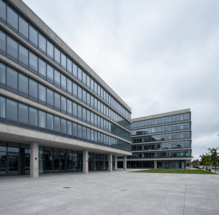 Wide architectural view of a modern concrete and glass corporate headquarters under overcast cool daylight, clean lines, vast negative space.