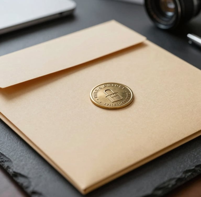 Macro close-up of a secure, sealed evidence folder resting on a dark slate desk, cool overhead lighting, selective focus on the official seal.