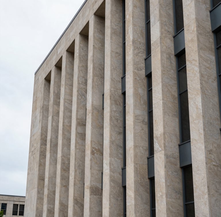 Crisp architectural detail of a modern limestone and steel courthouse facade under overcast daylight, sharp vertical lines, generous negative space on the left