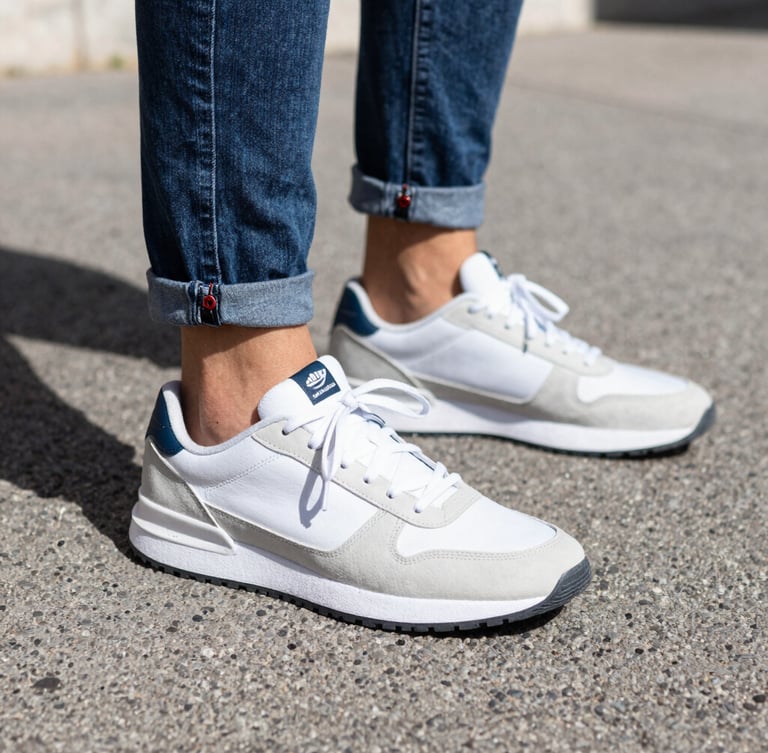 Close-up shot of trendy modern sneakers on asphalt in Casablanca, direct bright daylight, high-contrast urban streetwear photography