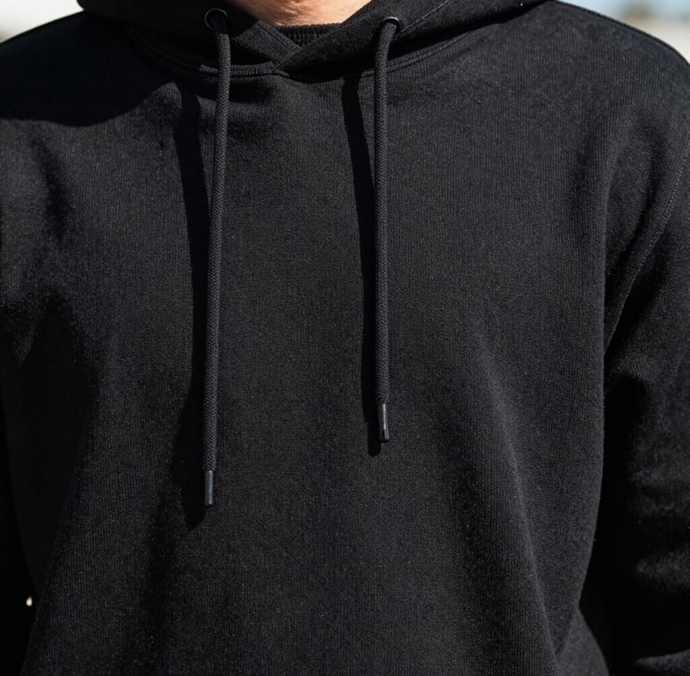 Close-up fabric texture detail of a high-quality heavy cotton black hoodie, showing clean stitching and premium weave, bright direct daylight, high-contrast, modern youth aesthetic