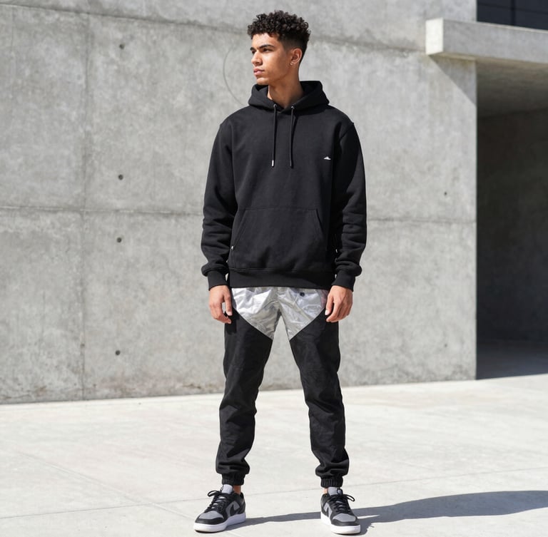 Dynamic mid-shot of a young Moroccan model wearing a modern black streetwear hoodie and stylish pants in an urban concrete setting, sharp direct sunlight