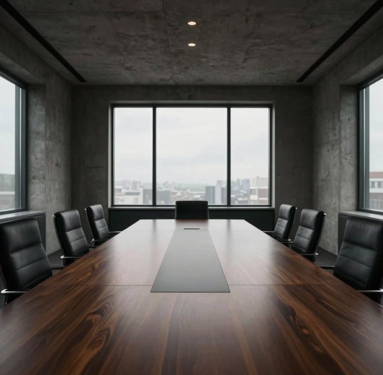 Symmetrical perspective of an empty high-end executive boardroom with natural light streaming through windows, concrete walls, sharp focus