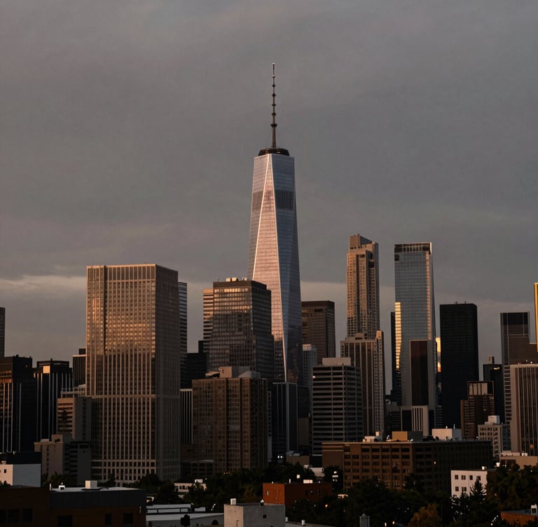 Wide environmental shot of a metropolitan skyline at dusk under heavy overcast clouds, deep obsidian and warm bronze tones, 35mm