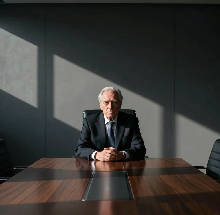 Symmetrical high-contrast portrait of a senior executive in a modern boardroom, sharp architectural shadows, moody overcast daylight, deep obsidian tones, sharp focus, 35mm