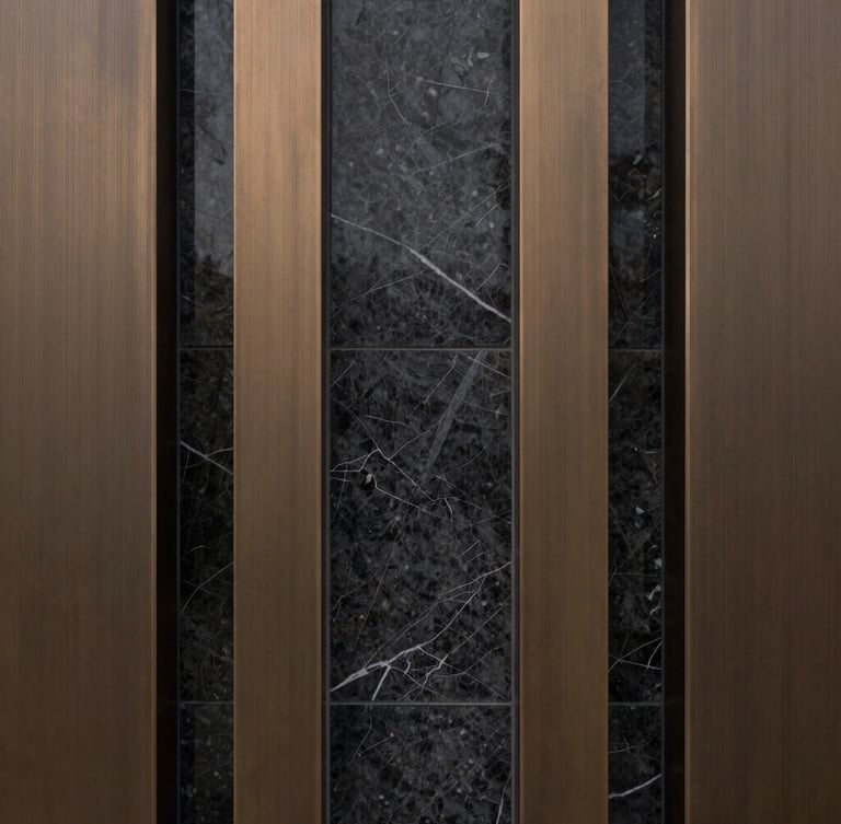 Symmetrical close-up of premium dark marble and brushed bronze panels, sharp architectural lines, moody overcast daylight, 35mm