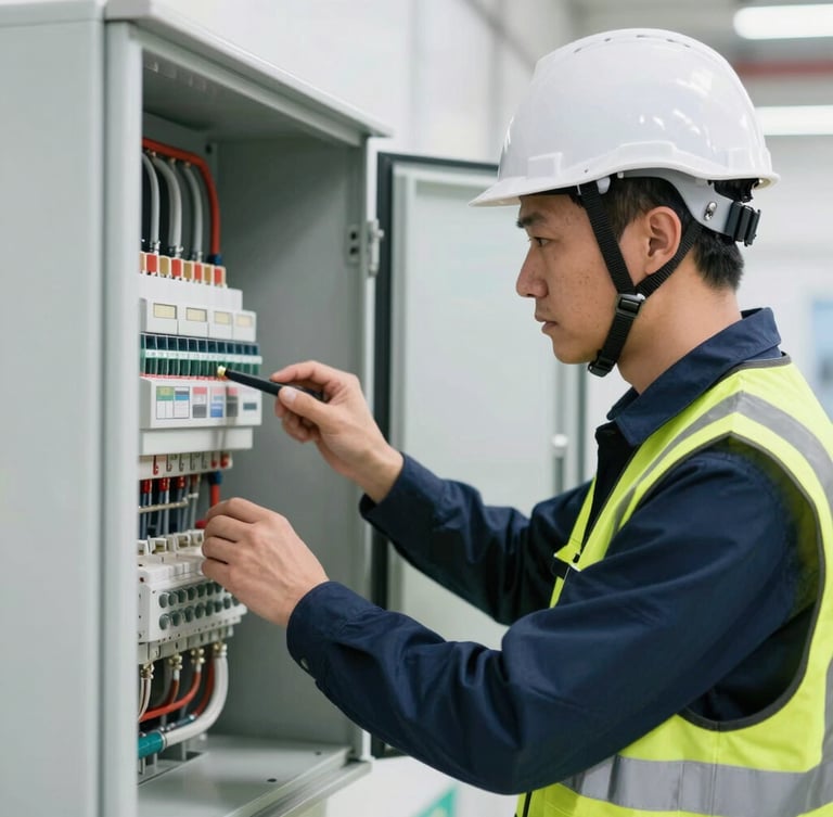 Professional engineer in a white helmet and high-visibility vest inspecting an electrical panel in a bright facility, medium close-up, 35mm lens